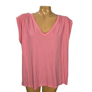 LOFT Women's Pink V Neck Smocked Shoulder Cap Sleeve Casual T Shirt Top Size Lrg